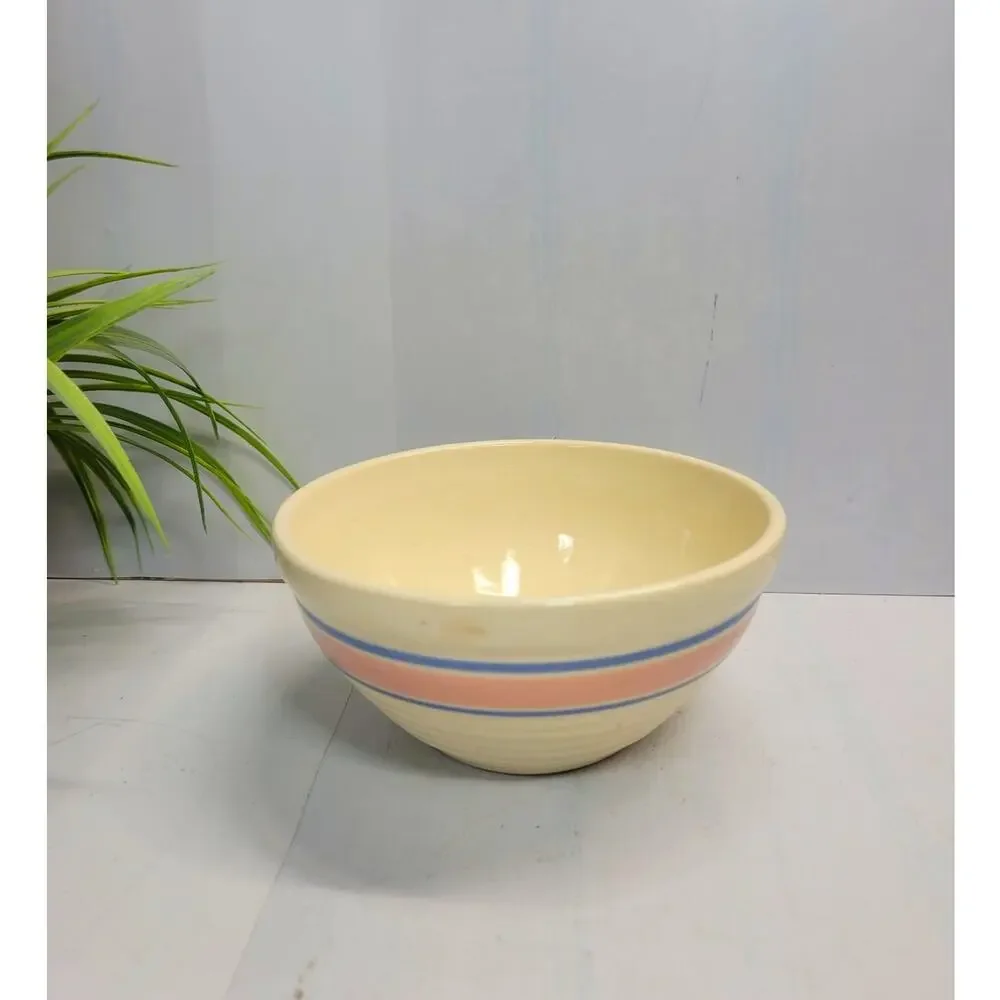 Vintage McCoy Hull Beehive Mixing Bowl Pink Blue Stripe Yellowware Stoneware 7